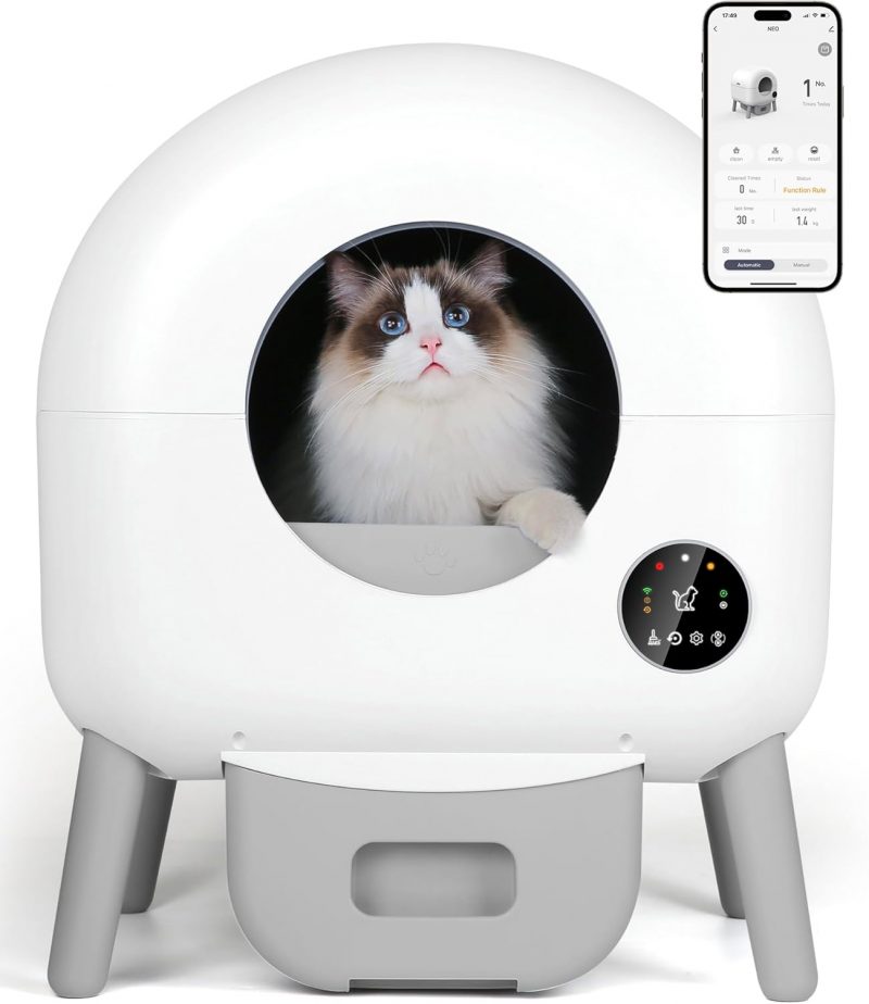 Self Cleaning Litter Box -110L Automatic Cat Litter Box Self Cleaning, All Litter Can Use, with 1 Roll Garbage Bags and Mat, App Control, White